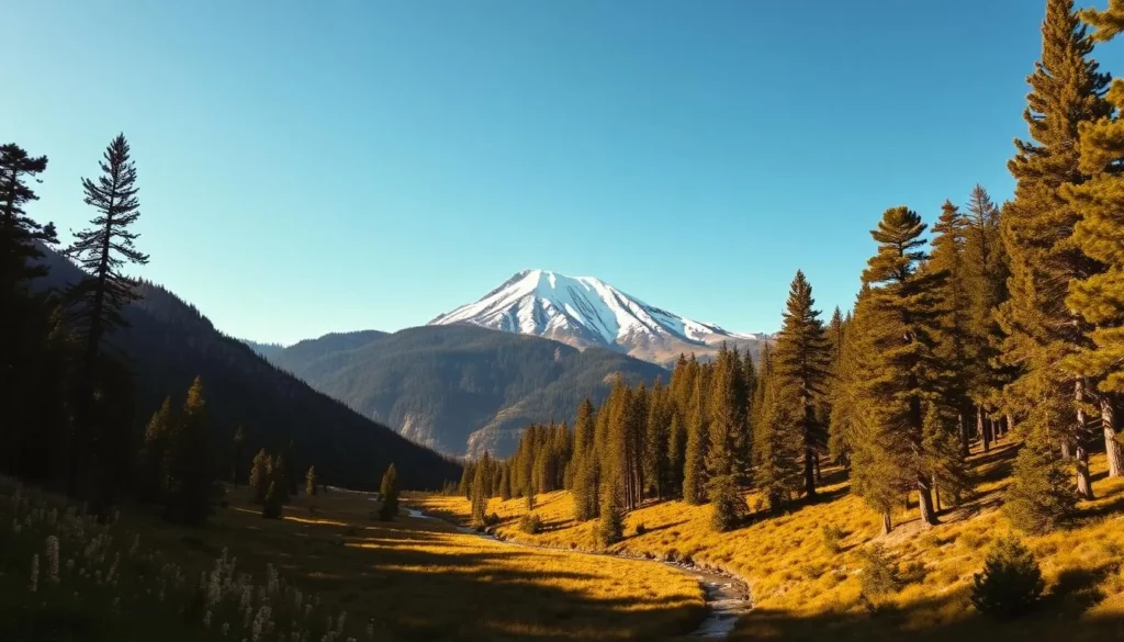 A majestic, snow-capped Mount Pinos rising against a clear, azure sky. The rugged, forested slopes cascade down into a lush, verdant valley, dotted with wildflowers and meandering streams. Warm, golden sunlight filters through the towering pines, casting long shadows and illuminating the rich, earthy tones of the landscape. In the distance, a hint of the Chumash Wilderness beckons, inviting exploration of this pristine, untamed region. The scene exudes a sense of tranquility and timeless beauty, capturing the essence of the Chumash Wilderness.