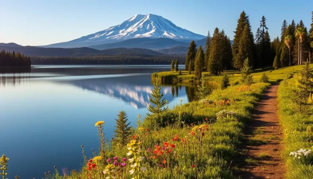 A majestic, snow-capped Mount Shasta towers in the distance, its towering presence reflected in the calm waters of Lake Siskiyou. The foreground is alive with vibrant wildflowers, their petals dancing in the gentle breeze. A serene path winds through the lush, verdant forest, inviting visitors to explore the natural beauty of the region. Warm, golden sunlight filters through the canopy, casting a soft, idyllic glow over the entire scene. The tranquil atmosphere and stunning vistas create the perfect setting to experience the best of Lake Siskiyou's activities throughout the seasons.