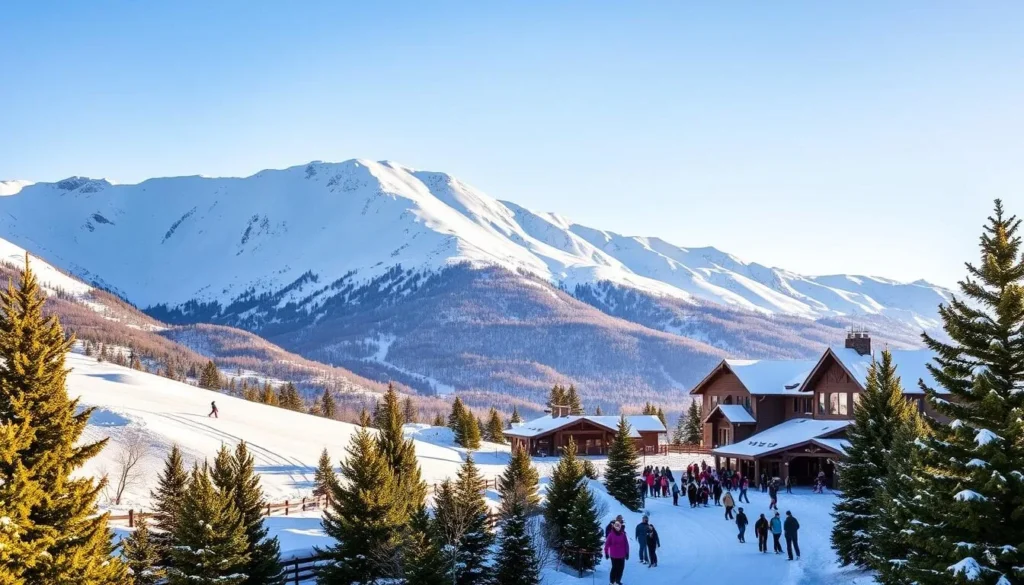 A majestic snow-capped mountain range rises against a clear azure sky, its peaks glistening in the warm sun. In the foreground, skiers carve graceful turns down pristine slopes, their vibrant jackets and equipment adding pops of color to the scene. The base area is bustling with activity, with guests strolling between cozy lodges and ski shops, their breath forming delicate wisps in the crisp, mountain air. Evergreen trees dot the landscape, their branches heavy with snow, creating a serene and peaceful atmosphere. The lighting is soft and natural, casting a gentle glow over the entire winter wonderland. This is Taos Ski Valley, a premier skiing destination in the heart of New Mexico, waiting to be explored and enjoyed by first-time visitors.