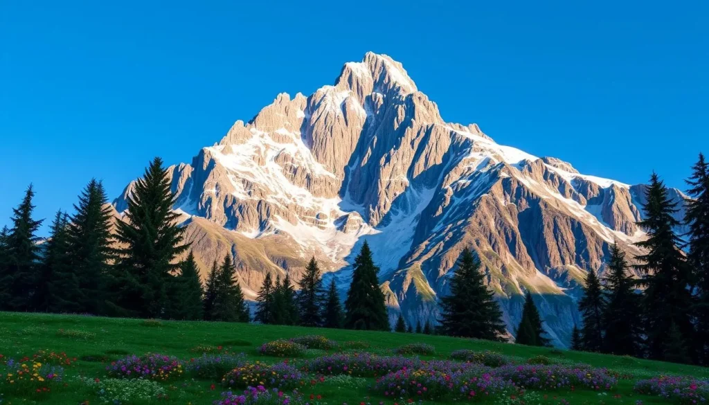 A majestic snow-capped peak of the Swiss Alps, its jagged rocky summit piercing the clear blue sky. The morning light casts a warm glow across the rugged granite face, accentuating the dramatic ridges and crevices. In the foreground, a pristine alpine meadow carpeted with vibrant wildflowers sways gently in a light breeze. Towering evergreen trees line the base of the mountain, creating a lush, verdant contrast. The scene exudes a serene, awe-inspiring atmosphere, capturing the raw, untamed beauty of Switzerland's iconic alpine landscape.