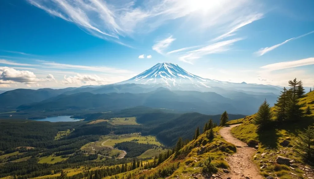 A majestic snow-capped peak rises above a serene alpine landscape, its towering presence commanding the horizon. Verdant forests and meadows stretch out below, dotted with sparkling streams and shimmering lakes. Warm sunlight filters through wispy clouds, casting a soft, golden glow over the scene. In the foreground, a winding hiking trail invites exploration, leading visitors deeper into the heart of this stunning wilderness. Capture the grandeur and tranquility of Mount Shasta, a true jewel of the California landscape.
