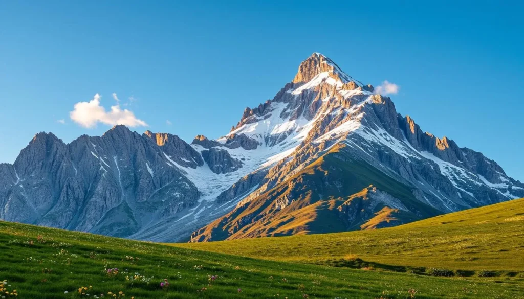 A majestic snow-capped peak rises against a clear azure sky, the Gantrisch Mountain's rugged granite slopes bathed in warm golden light. Lush alpine meadows dotted with wildflowers stretch out in the foreground, leading the eye up to the towering summit. Wispy clouds drift lazily across the scene, hinting at the tranquility of this natural refuge. The composition captures the grandeur and serenity of the Naturpark Gantrisch, a breathtaking landscape that beckons exploration and contemplation.