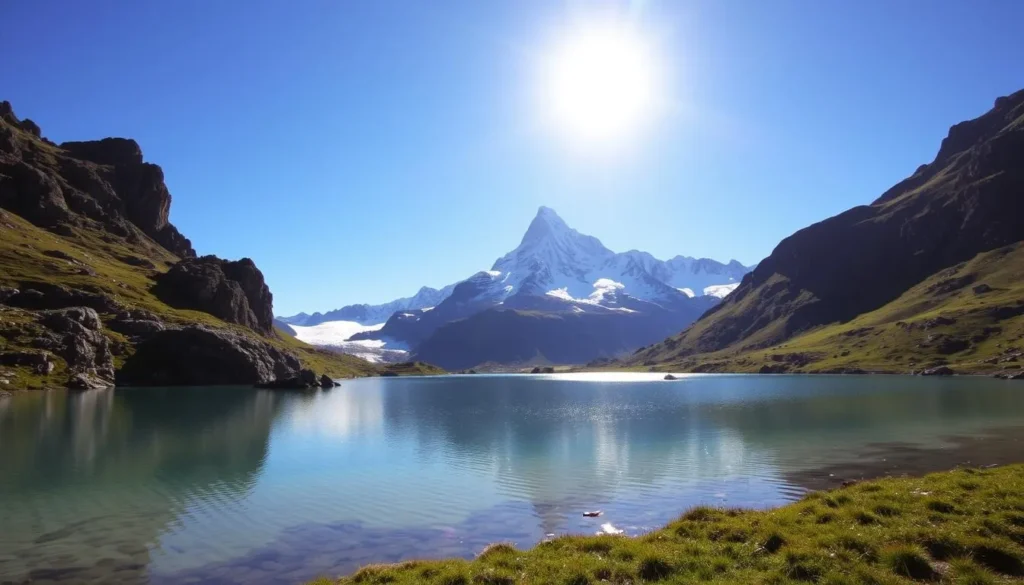A majestic snow-capped peak rises against a clear azure sky, the sun's golden rays casting a warm glow over the dramatic glacial landscape of Mont Collon in the Swiss Alps. In the foreground, a pristine alpine lake reflects the towering mountain, its crystalline waters shimmering with tranquility. Rugged rock formations and lush, verdant meadows frame the scene, inviting the viewer to immerse themselves in the breathtaking natural beauty of this picturesque corner of Switzerland.