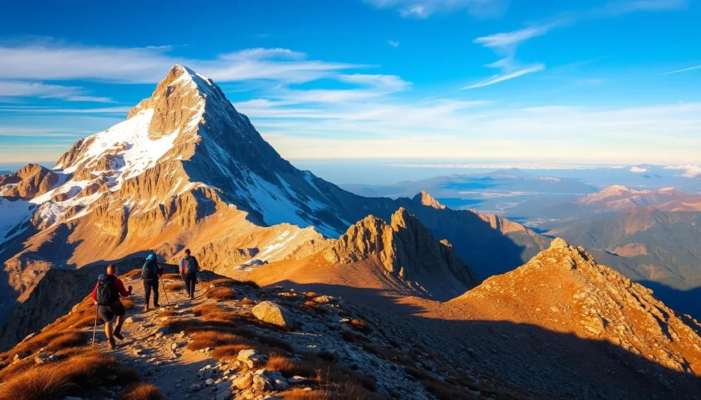 A majestic snow-capped peak towers above a rugged alpine landscape, its craggy face bathed in warm, golden sunlight. In the foreground, a group of hikers ascend a winding trail, their backpacks and hiking poles glinting in the crisp mountain air. The midground is dotted with jagged rock formations and sparse, hardy vegetation, while the background fades into a hazy blue horizon, with wispy clouds drifting overhead. The scene conveys a sense of exhilaration, challenge, and awe-inspiring natural beauty, perfectly capturing the essence of a Finsteraarhorn adventure.