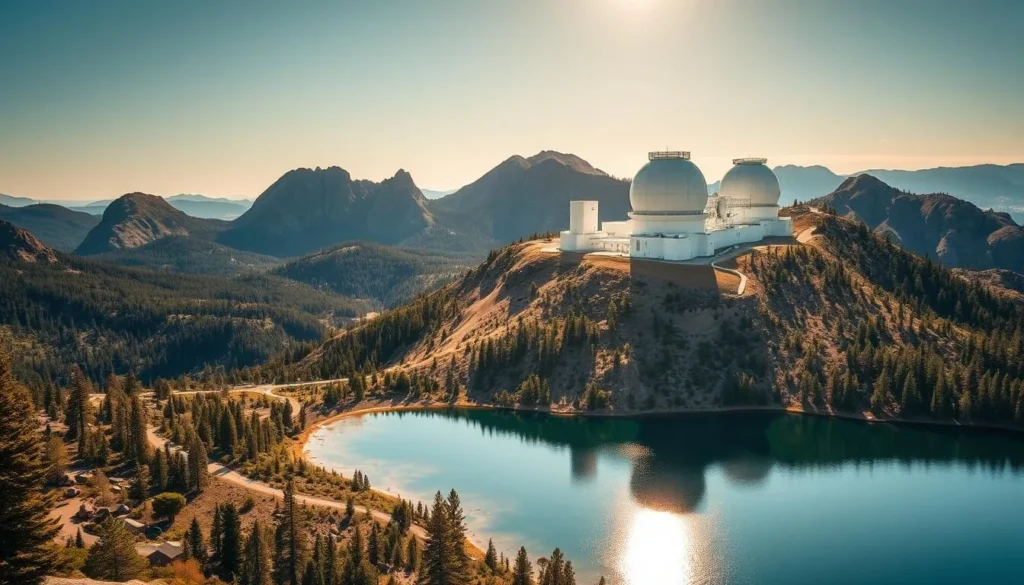 A majestic solar observatory sits atop a rugged mountain range, its gleaming white domes and panels catching the warm rays of the sun. The surrounding landscape is a lush tapestry of pine forests, rocky outcroppings, and winding trails, all bathed in the golden glow of a picturesque afternoon. A crystal-clear lake reflects the observatory's silhouette, creating a serene and picturesque scene that invites exploration and discovery. The image conveys a sense of awe and wonder, capturing the unique and captivating essence of this remarkable scientific landmark nestled in the heart of the California wilderness.