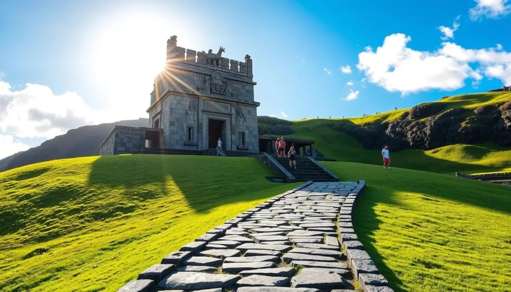 A majestic stone temple situated atop a verdant hill, its massive lava-rock walls rising against a brilliant azure sky. Sunlight illuminates the intricate carvings and sacred artifacts adorning the structure, casting long shadows across the carefully tended grounds. In the foreground, an ancient stone pathway leads visitors to the temple's entrance, inviting them to explore this hallowed place. The scene conveys a palpable sense of history, spirituality, and the deep cultural significance of Pu'ukohola Heiau, a National Historic Site of immense importance to the people of Hawaii.