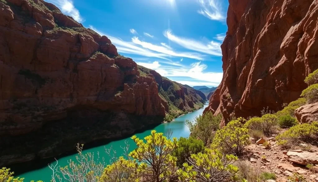 A majestic, sun-dappled scene of Yardie Creek Gorge in Cape Range National Park, Western Australia. The towering ochre-hued cliffs rise dramatically on either side, their shadows stretching across the serene, turquoise waters below. In the foreground, lush vegetation and hardy shrubs cling to the rocky terrain, adding pops of vibrant green. Wispy clouds drift overhead, casting gentle shadows that dance across the landscape. The overall atmosphere exudes a sense of tranquility and awe-inspiring natural beauty, inviting the viewer to immerse themselves in this stunning hiking destination.
