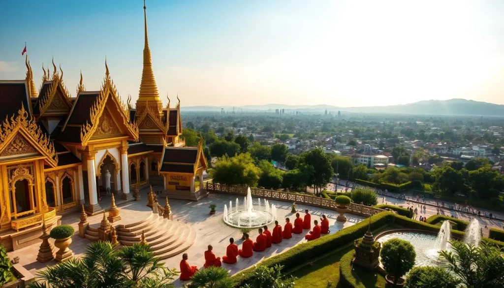 A majestic temple complex nestled in the heart of Nakhon Ratchasima, Thailand, with ornate golden spires and intricate carvings that glisten in the warm afternoon sunlight. Serene monks in saffron robes meditating in the tranquil courtyard, surrounded by lush greenery and the soothing sound of cascading fountains. In the distance, a panoramic view of the city's bustling streets and the rolling hills beyond, creating a harmonious blend of spiritual devotion and natural beauty. Capture the essence of Thailand's Isaan region, where ancient traditions and modern life coexist in perfect harmony.