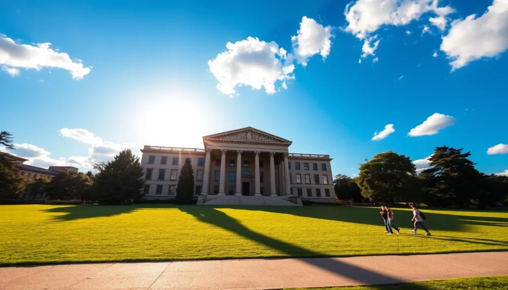 A majestic three-story stone building stands tall, its classical neoclassical architecture reflecting the grandeur of ancient Greece. The sun's warm rays bathe the structure in a golden glow, casting long shadows across the neatly manicured lawn. In the foreground, a few people stroll along the path, admiring the historic landmark. The sky is a brilliant azure, dotted with fluffy white clouds. The overall scene conveys a sense of tranquility and timeless elegance, inviting the viewer to step back in time and explore the rich history of this remarkable place.