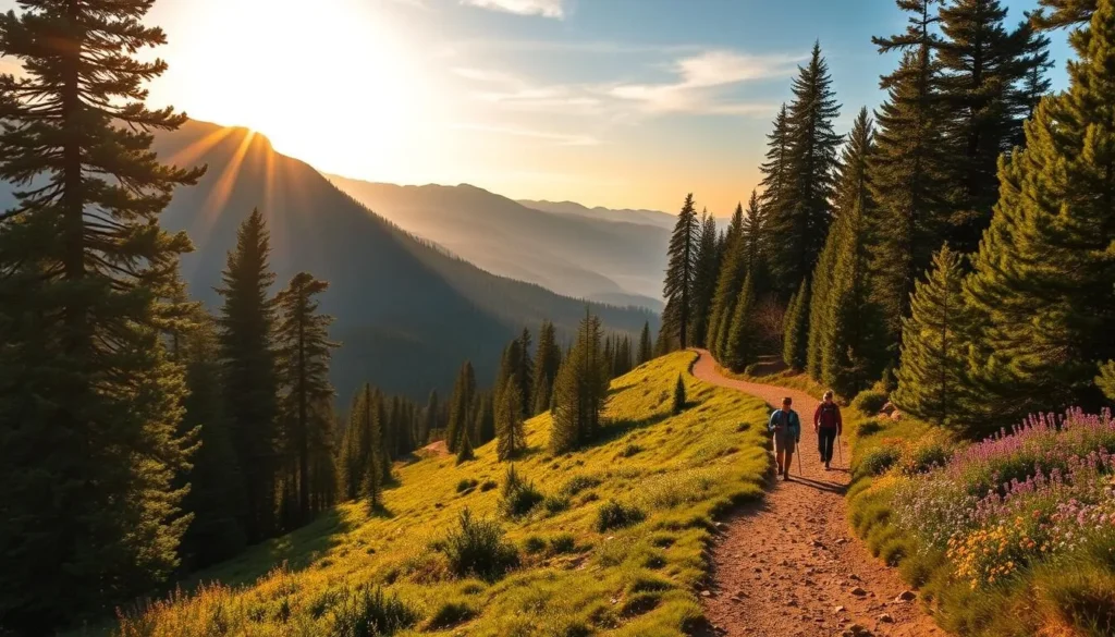 A majestic trail winding through the lush, verdant Klamath Mountains, with towering peaks in the distance under a warm, golden-hour sky. Hikers traverse the gently undulating path, surrounded by towering pines and vibrant wildflowers. Dappled sunlight filters through the canopy, casting a serene, natural ambiance. Capture the essence of the Klamath Mountains' outdoor splendor, showcasing its breathtaking landscapes and the joy of exploring its well-maintained trails. Focus on a mid-range view, with a sense of depth and scale, using a wide-angle lens to encompass the grandeur of the scene.
