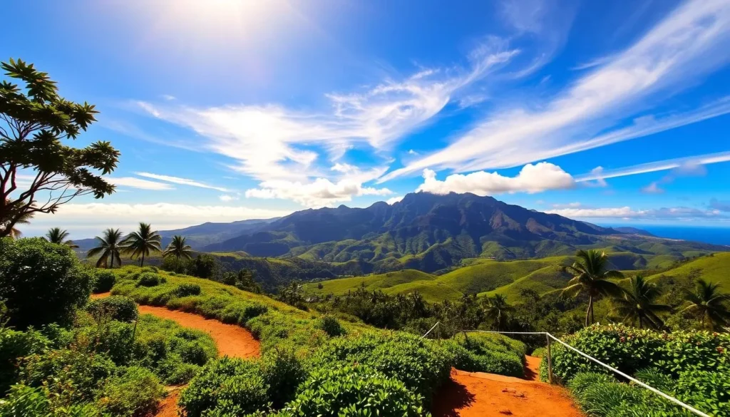 A majestic view of Koloiki Ridge Trail, Lanai, Hawaii. In the foreground, a winding dirt path cuts through lush, verdant foliage. The middle ground reveals rolling hills blanketed in vibrant greens, dotted with swaying palm trees. In the distance, the rugged silhouette of the Lanaihale mountain range rises against a brilliant azure sky, illuminated by warm, golden sunlight filtering through wispy, cloud-dappled cirrus. The scene exudes a sense of tranquility and natural wonder, inviting the viewer to immerse themselves in the scenic splendor of this Hawaiian hiking trail.