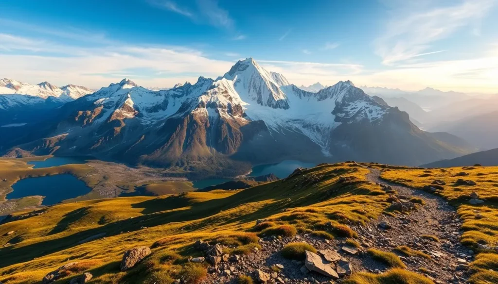 A majestic view of the Dufourspitze, the highest peak of the Monte Rosa massif in the Swiss Alps. The scene captures the dramatic glacial landscape, with towering snow-capped peaks and serene alpine lakes reflecting the azure sky. In the foreground, a rugged hiking trail winds through lush meadows, inviting the viewer to explore the natural wonder. The warm, golden light casts a soft glow, creating an atmosphere of tranquility and awe. Utilize a wide-angle lens to encompass the grandeur of the scene, and frame the composition to highlight the Dufourspitze as the central focus. This picturesque setting offers endless opportunities for breathtaking landscape photography.