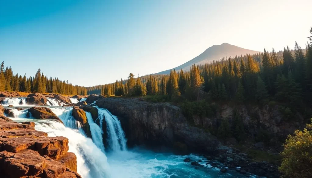 A majestic vista of Mount Shasta's cascading waterfalls, with crystal-clear waters tumbling over rugged volcanic cliffs. The foreground showcases the powerful falls, their white frothy flows crashing against the mossy rocks below. The middle ground reveals lush, verdant forests cloaking the surrounding slopes, while the distant peak of Mount Shasta rises majestically against a cloudless azure sky, bathed in warm afternoon sunlight. The scene exudes a sense of serene tranquility, inviting the viewer to immerse themselves in the beauty of this pristine natural wonder.
