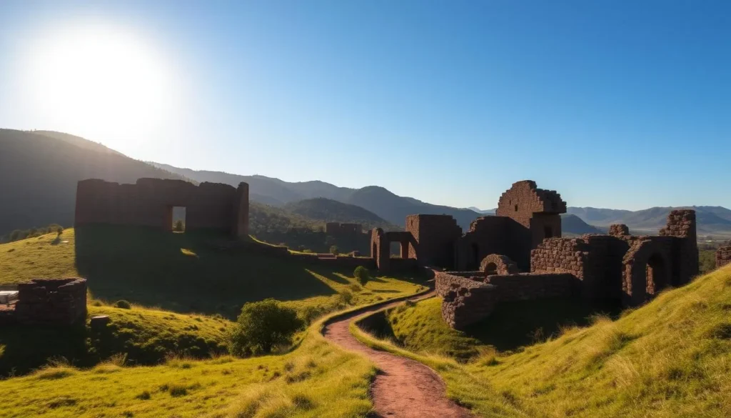 A majestic vista of the Great Zimbabwe Ruins, a UNESCO World Heritage site, nestled amidst lush, rolling hills under a clear, azure sky. Towering stone walls, crafted with intricate masonry, rise from the verdant landscape, casting long shadows as the warm sun casts a golden glow across the ancient structures. In the foreground, a winding path leads visitors through the weathered ruins, inviting exploration of this captivating historical wonder. The scene emanates a sense of timeless grandeur, seamlessly blending the natural and man-made elements to transport the viewer to a bygone era.