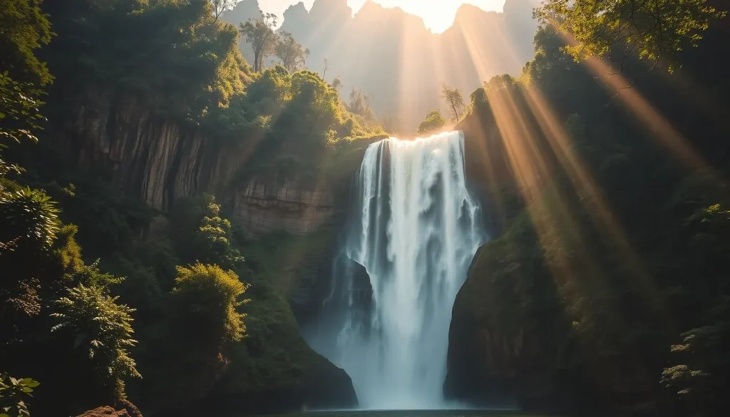 A majestic waterfall cascading down a lush, verdant cliff in a serene forest setting. The water crashes over the rocky outcrop, forming a shimmering pool below. Rays of sunlight filter through the canopy, casting a warm, golden glow on the scene. The foreground is dominated by the powerful, cascading water, while the middle ground features dense, green foliage. In the background, towering mountains rise up, adding to the tranquil, natural atmosphere. The overall mood is one of awe-inspiring beauty and tranquility, perfectly capturing the essence of a magnificent waterfall in Vietnam's Ba Bể National Park.