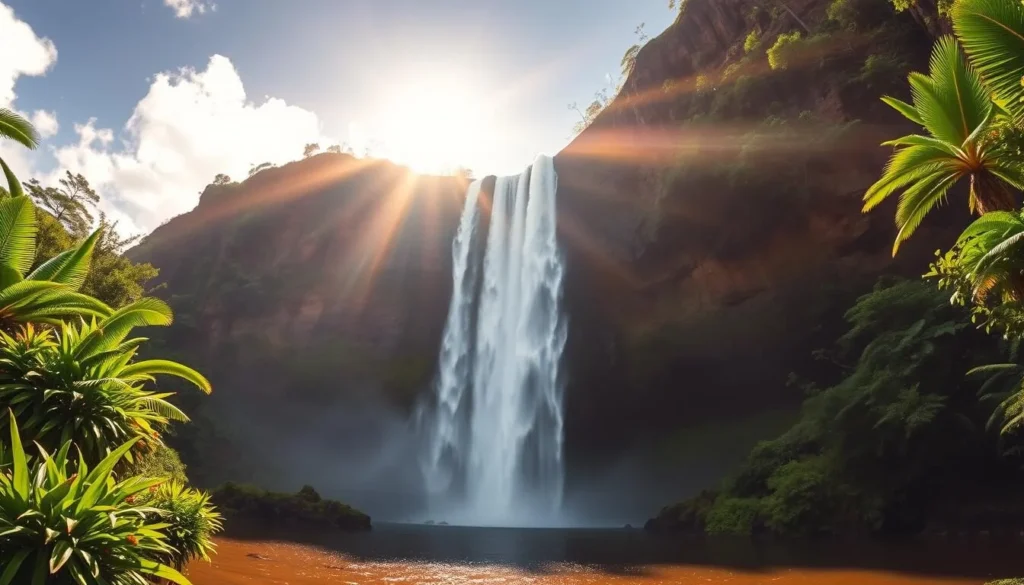 A majestic waterfall cascading over towering cliffs, surrounded by lush tropical foliage. The sun's golden rays filter through the mist, casting a warm glow over the scene. In the foreground, a serene pool reflects the surrounding natural beauty. Captured with a wide-angle lens to showcase the grandeur of Waimoku Falls, the image conveys a sense of awe and tranquility. The overall composition emphasizes the harmony between the powerful waterfall and the verdant, peaceful landscape of Maui's Pipiwai Trail.