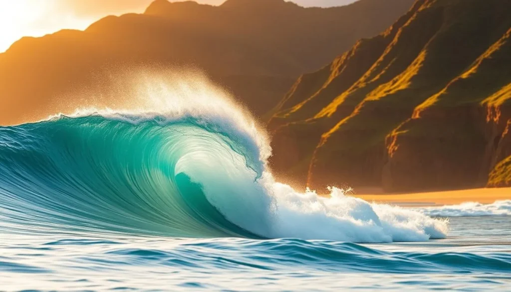 A majestic wave crashes against the golden sands of Mākua Beach, Oahu, as the warm Hawaiian sun casts a soft, golden glow over the idyllic scene. The wave's crest curls gracefully, reflecting the vibrant azure hues of the Pacific Ocean, while the spray dances in the gentle breeze. In the background, lush, verdant cliffs rise up, adding depth and a sense of tranquility to the composition. The overall atmosphere evokes the perfect balance of power and serenity, inviting visitors to experience the beauty of this stunning Hawaiian beach at its best.