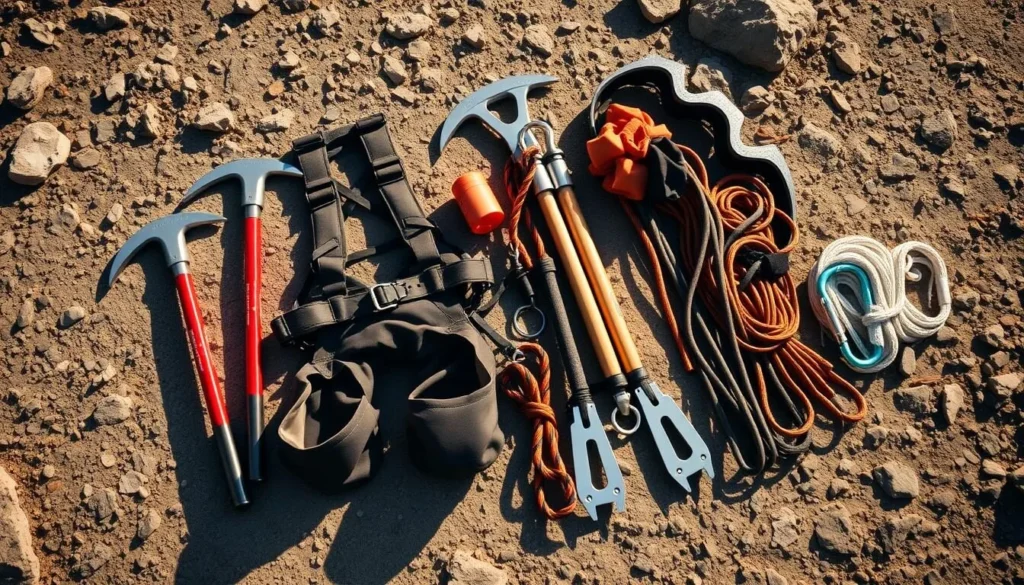 A meticulously arranged collection of essential mountaineering gear for scaling the majestic Dufourspitze in the Swiss Alps. Sturdy climbing harness, ice axes, crampons, carabiners, and ropes lie neatly on a rugged outdoor surface, bathed in warm, natural lighting. The gear exudes a sense of adventure and preparation, hinting at the challenging yet rewarding climb ahead. Subtle shadows and highlights add depth and dimension, creating a visually captivating scene that captures the spirit of alpine exploration.