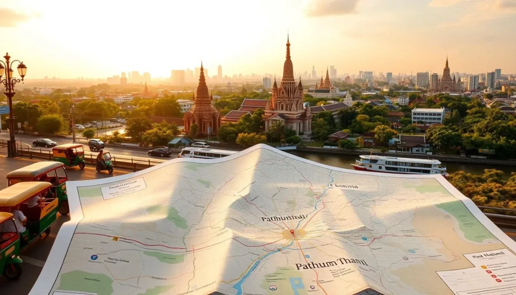 A meticulously planned itinerary for exploring the vibrant city of Pathum Thani, Thailand. In the foreground, a map of the city unfolds, guiding the viewer through its key landmarks and attractions. The middle ground showcases local transportation options, from bustling tuk-tuks to serene boat rides along the Chao Phraya River. In the background, a panoramic view of Pathum Thani's skyline, with its iconic temples and lush greenery, sets the scene for an immersive cultural experience. Warm, golden sunlight filters through, creating a welcoming and inviting atmosphere. The overall composition conveys a sense of organized exploration and the promise of an unforgettable journey through this captivating Thai destination.