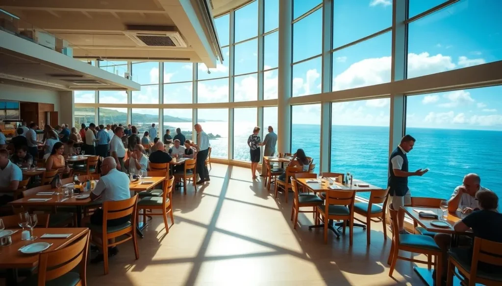 A modern, airy dining space with panoramic ocean views at the Maui Ocean Center. Sunlight streams through floor-to-ceiling windows, illuminating the clean, minimalist decor. Wooden tables and chairs create a warm, natural ambiance. Guests enjoy a selection of fresh, locally-sourced seafood dishes and Hawaiian-inspired cuisine. Servers in crisp uniforms move efficiently between tables, attending to diners' needs. The overall atmosphere is relaxed and inviting, allowing visitors to fully immerse themselves in the stunning natural landscape outside.