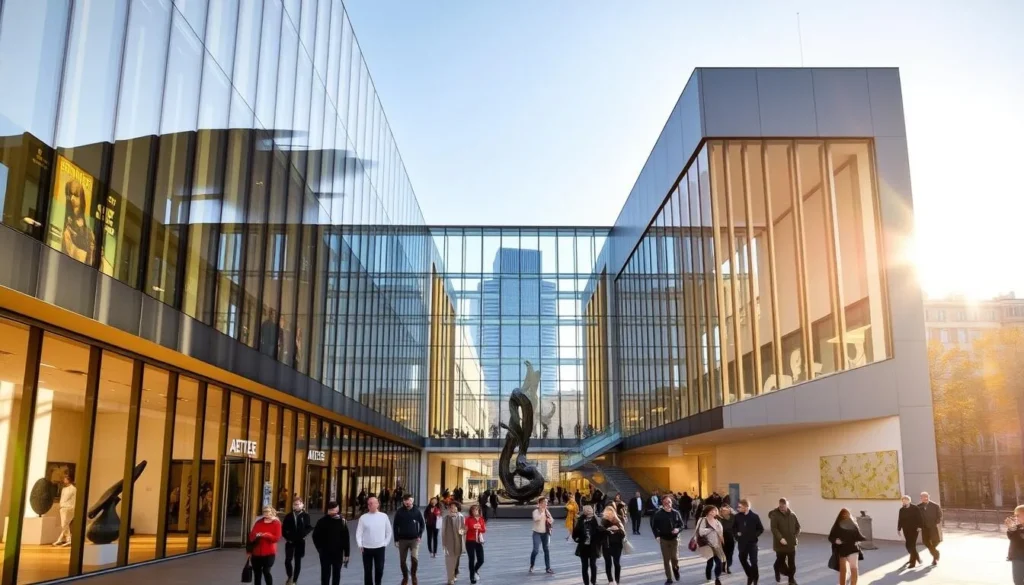 A modern art museum situated in the heart of Duesseldorf, Germany, bathed in warm sunlight. The sleek, minimalist facade is adorned with towering glass panels that reflect the surrounding cityscape. Visitors stroll through the spacious, airy atrium, their gaze drawn to the striking contemporary sculptures and installations tastefully displayed. The museum's interior features high ceilings, clean lines, and a harmonious blend of natural and artificial lighting, creating an atmosphere of contemplation and artistic appreciation. Capture the essence of Duesseldorf's vibrant art scene, showcasing the museum as a hub for cultural exploration and creative expression.
