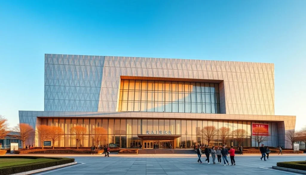 A modern, expansive culture museum in Xinbei, Taiwan, standing tall against a clear blue sky. The building's sleek, geometric architecture features an interplay of glass, steel, and stone, bathed in warm, golden sunlight. Visitors stroll along the spacious plaza, admiring the intricate facade and carefully manicured landscaping. Inside, the museum's galleries showcase a rich tapestry of Taiwanese history, art, and traditions, inviting exploration and cultural immersion. The scene exudes a sense of sophistication, learning, and civic pride, capturing the essence of Xinbei's vibrant cultural heritage.