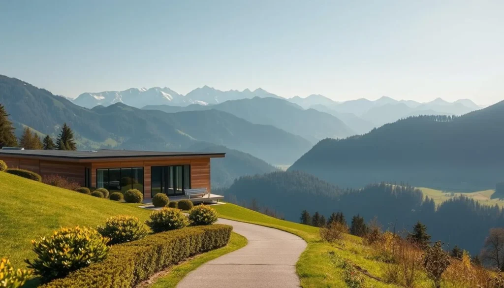 A modern, low-profile visitor center nestled amidst the lush, rolling hills of the Diemtigtal Nature Park. The building features clean lines, large windows, and a natural wood exterior that blends seamlessly with the surrounding landscape. In the foreground, a well-maintained pathway leads visitors towards the entrance, flanked by neatly trimmed bushes and vibrant seasonal flowers. The middle ground showcases the panoramic mountain vistas that frame the scene, the peaks dusted with a light coating of snow. Warm, diffused sunlight bathes the entire composition, creating a welcoming and tranquil atmosphere that invites exploration of the park's natural wonders.