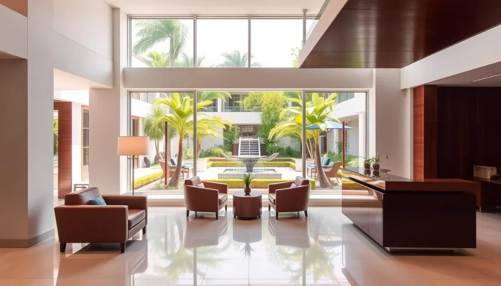 A modern, well-appointed hotel nestled in the bustling heart of Bunia, Democratic Republic of the Congo. Pristine white walls and floor-to-ceiling windows bathe the lobby in warm, natural light. Plush leather armchairs and a sleek wooden reception desk create an inviting, upscale ambiance. In the distance, a lush courtyard garden provides a serene oasis, its vibrant greenery and soothing water features visible through the large windows. The overall scene conveys a sense of comfort, elegance, and functionality, reflecting the needs of the discerning traveler visiting this dynamic African city.