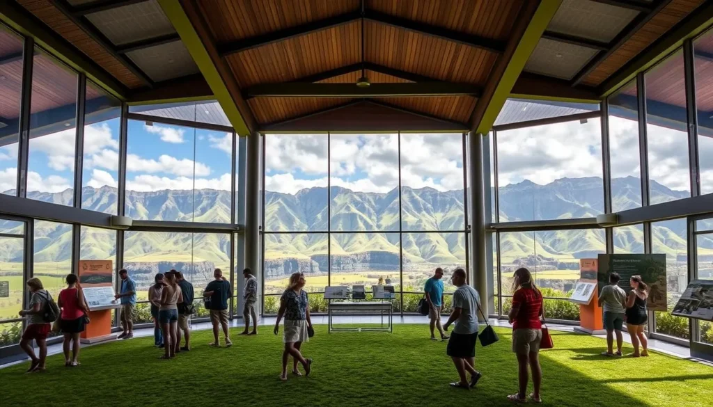 A modern, well-designed visitor center situated against the backdrop of the lush, verdant hills of Pu'ukohola Heiau National Historic Site on the Big Island of Hawaii. The center features large panoramic windows offering breathtaking views of the iconic volcanic landscapes. In the foreground, a group of visitors explore interactive displays highlighting the site's rich cultural heritage and natural wonders. Soft, natural lighting filters through the space, creating a warm, inviting atmosphere. The middle ground showcases informative signage and brochures, guiding guests through the essential information they need to fully appreciate this remarkable historic destination. Expansive lawns and native flora surround the building, seamlessly blending the indoor and outdoor experiences.