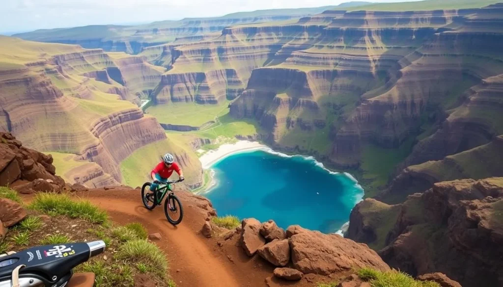 A mountain biker descending from the rim of Waimea Canyon towards the coast