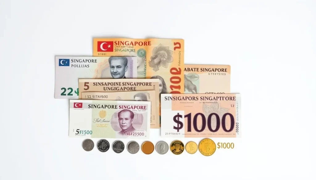A neatly arranged display of the various Singapore dollar denominations, meticulously photographed against a clean, bright background. The different banknotes and coins, ranging from the $2 to the $1000, are presented in a visually appealing layout, showcasing their intricate designs and distinctive features. The lighting is soft and natural, highlighting the vibrant colors and intricate patterns that characterize the Singaporean currency. The image conveys a sense of order and clarity, allowing the viewer to closely examine the unique characteristics of each denomination and gain a comprehensive understanding of Singapore's currency system.