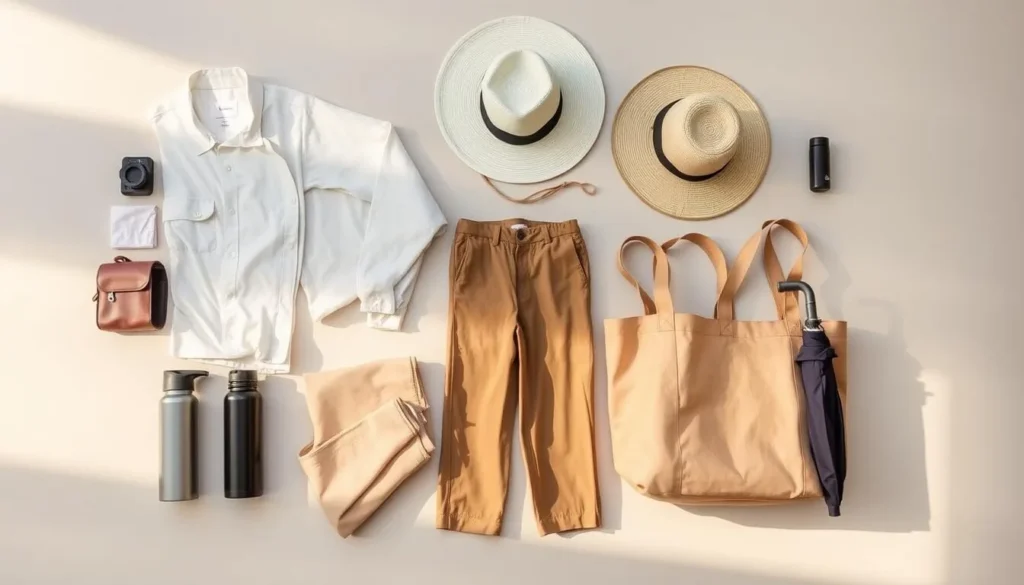 A neatly organized array of travel essentials for a Singapore sojourn: a lightweight, breathable button-up shirt, a pair of moisture-wicking trousers, a wide-brimmed sun hat, a collapsible water bottle, a versatile tote bag, and a compact umbrella - all bathed in warm, natural lighting and arranged against a plain, muted background to highlight their practicality and functionality. The scene conveys a sense of preparedness and adventure, perfectly capturing the "Essential Packing Tips for Every Season" section of the article.
