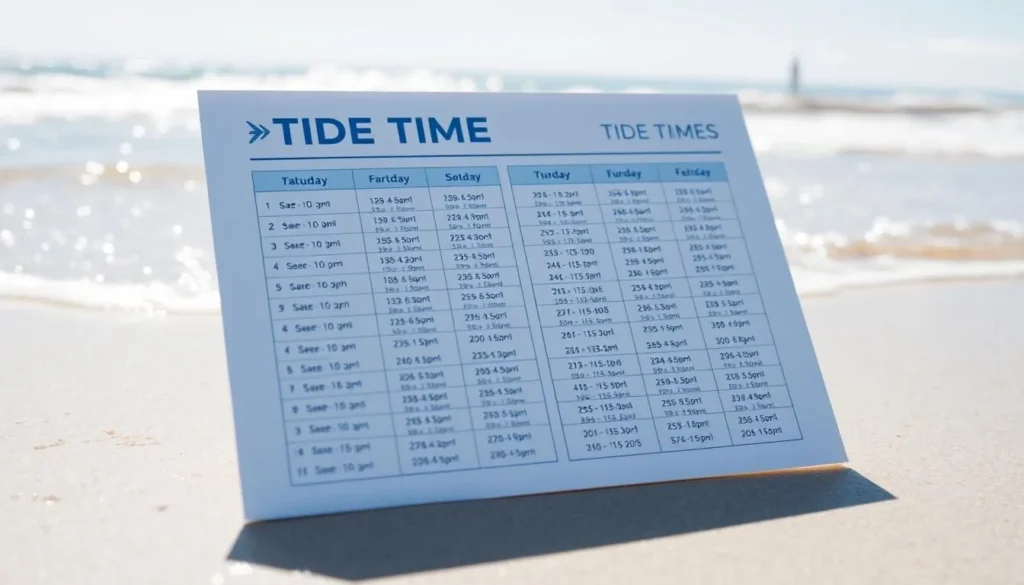 A neatly presented tide times guide, showcasing the daily ebb and flow of the ocean's tides. The guide is printed on high-quality paper, with a sleek, minimalist design that prioritizes clarity and ease of use. The layout features a clean grid, with tide times for different locations displayed in a concise and organized manner. The background is a serene, sun-dappled beach scene, with gentle waves lapping at the shore and a clear, blue sky overhead. The overall atmosphere conveys a sense of tranquility and practicality, perfectly suited for planning water-based activities.