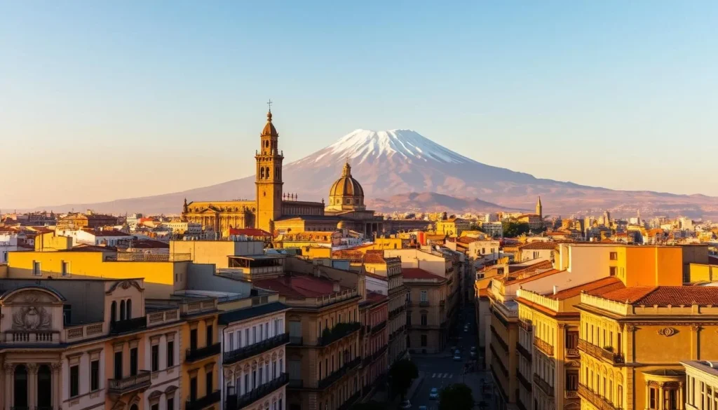 A panoramic cityscape of Catania, Sicily, bathed in warm, golden sunlight. In the foreground, colorful buildings with ornate Baroque architecture line the bustling streets, their facades casting intricate shadows. In the middle ground, the ancient Duomo di Catania and its iconic bell tower stand tall, their majestic spires reaching towards the sky. Towering above it all, the mighty Mount Etna dominates the background, its snow-capped peak rising majestically against a clear, azure sky. The scene conveys a sense of timeless elegance and the harmonious coexistence of nature and human-made wonders. Prompt