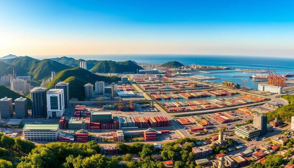 A panoramic cityscape of Ulsan, South Korea's vibrant industrial hub, bathed in warm afternoon sunlight. In the foreground, sleek skyscrapers and bustling factories rise against a backdrop of verdant hills. The middle ground features a thriving port dotted with cargo ships and cranes, while in the distance, the shimmering expanse of the East Sea meets the horizon. The scene conveys a harmonious balance between Ulsan's industrial prowess and its natural beauty, showcasing the city's unique character as both a manufacturing powerhouse and a picturesque coastal destination. Captured through a wide-angle lens, the image offers a panoramic perspective that immerses the viewer in Ulsan's dynamic urban landscape.