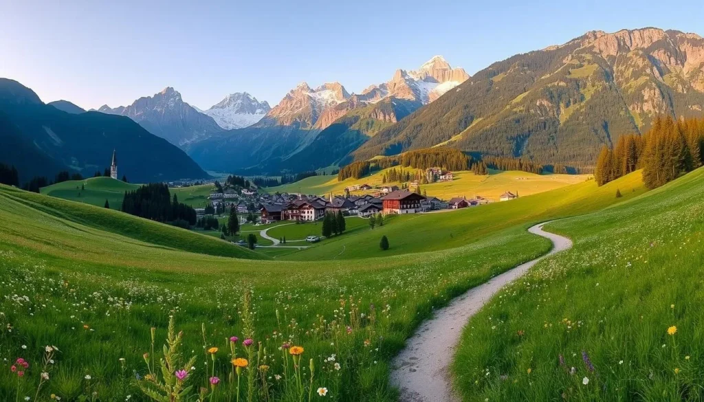 A panoramic landscape of the Entlebuch Biosphere Reserve in Switzerland, showcasing its lush meadows, rolling hills, and towering peaks. In the foreground, a winding path leads through a field of wildflowers, inviting the viewer to explore. The mid-ground features a small village nestled among the hills, its traditional wooden chalets and church steeple standing in harmony with the natural surroundings. In the background, the majestic Swiss Alps rise up, their snow-capped summits reflecting the warm, golden light of a clear day. The scene is captured with a wide-angle lens, conveying a sense of expansive grandeur and the peaceful tranquility of this UNESCO-protected natural wonder.