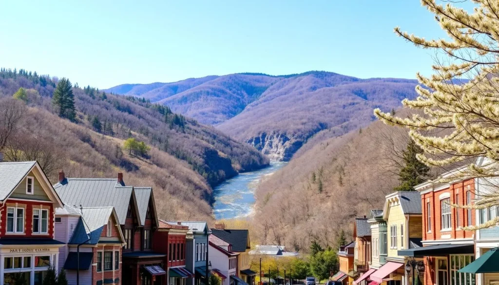 A panoramic landscape showcasing the charming town of Jim Thorpe, Pennsylvania on a pleasant sunny day. In the foreground, idyllic Victorian-era buildings line the quaint Main Street, with local shops, cafes, and galleries inviting visitors to explore. The middle ground features the stunning Lehigh Gorge, where the Lehigh River winds through rugged, forested cliffs. In the background, the picturesque Pocono Mountains rise up, their peaks bathed in warm, golden light. A gentle breeze blows through the trees, creating a serene and inviting atmosphere. The scene captures the small-town charm, natural beauty, and diverse attractions that make Jim Thorpe a must-visit destination.