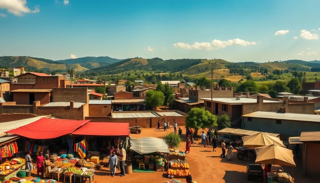 A panoramic scene of Kananga, Democratic Republic of the Congo, on a sunny day. In the foreground, a bustling marketplace with vibrant local vendors selling handcrafted goods and fresh produce. The middle ground features a mix of traditional mud-brick buildings and modern concrete structures, with people going about their daily lives. In the background, rolling hills and lush greenery create a picturesque backdrop. Warm natural lighting casts a golden glow over the entire scene, conveying a sense of tranquility and authenticity. The overall atmosphere evokes the cultural richness and practical everyday life of this Congolese city.