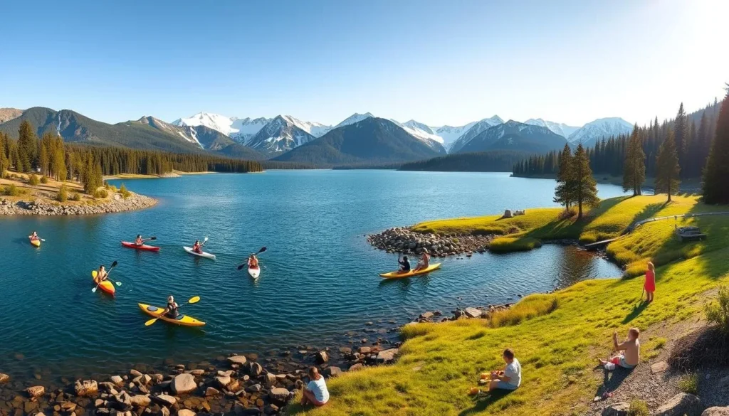 A panoramic scene of Loon Lake in the heart of the Sierra Nevada mountains, showcasing the vibrant seasonal activities. In the foreground, people kayak and stand-up paddleboard on the serene blue waters, surrounded by lush green trees and rocky shorelines. In the middle ground, families enjoy a picnic on the grassy banks, with children playing on the shore. The background features snow-capped peaks and a warm, golden afternoon sky, casting a soft, natural light across the tranquil landscape. Capture the essence of this idyllic California destination and the joy of outdoor recreation in every season.