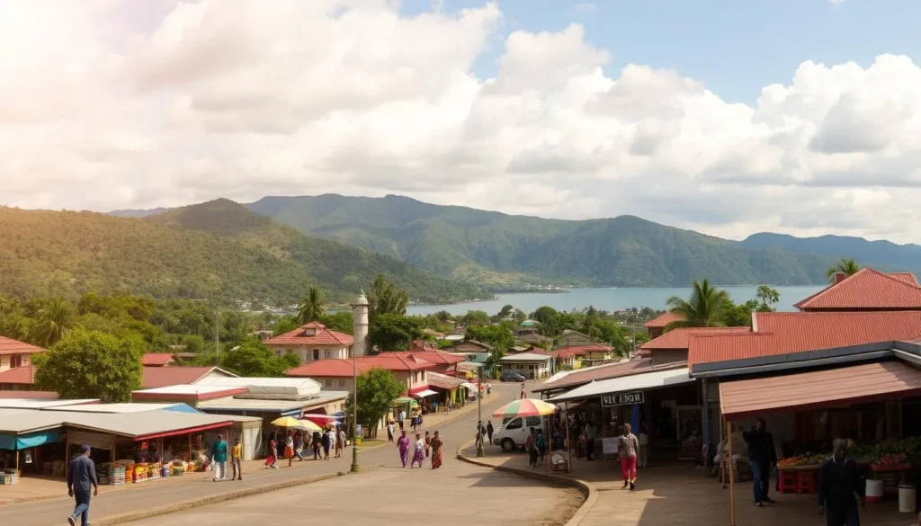 A panoramic scene of downtown Bukavu, nestled along the picturesque shores of Lake Kivu. Lush, verdant hills rise in the background, their slopes dotted with colorful houses and trees. In the foreground, bustling markets and vendors offer an array of local goods and produce, while pedestrians stroll along the paved streets, taking in the vibrant sights and sounds of this charming city. Warm, golden sunlight filters through scattered clouds, creating a serene and inviting atmosphere. Capture the essence of Bukavu's rich culture and natural beauty, perfect for an informative travel guide.