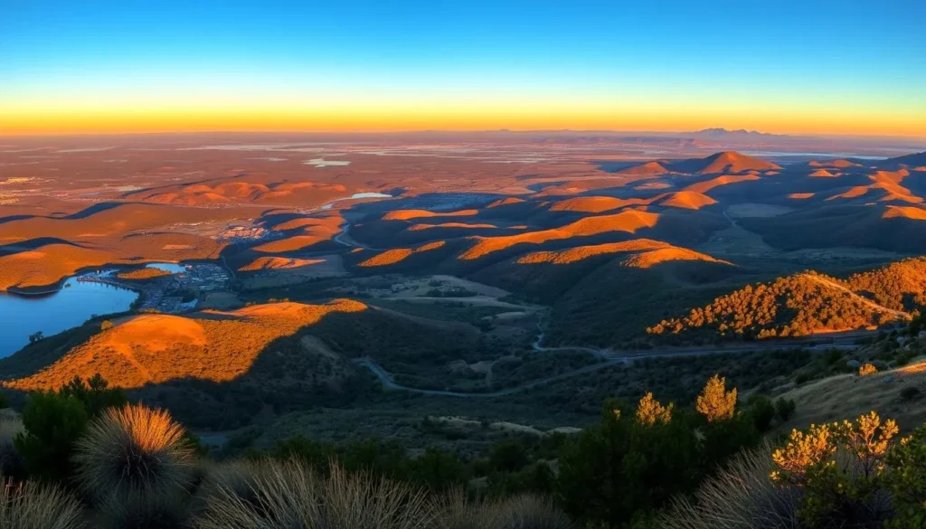 A panoramic view from a scenic overlook of Lake Oroville, capturing the diverse landscape during golden hour.