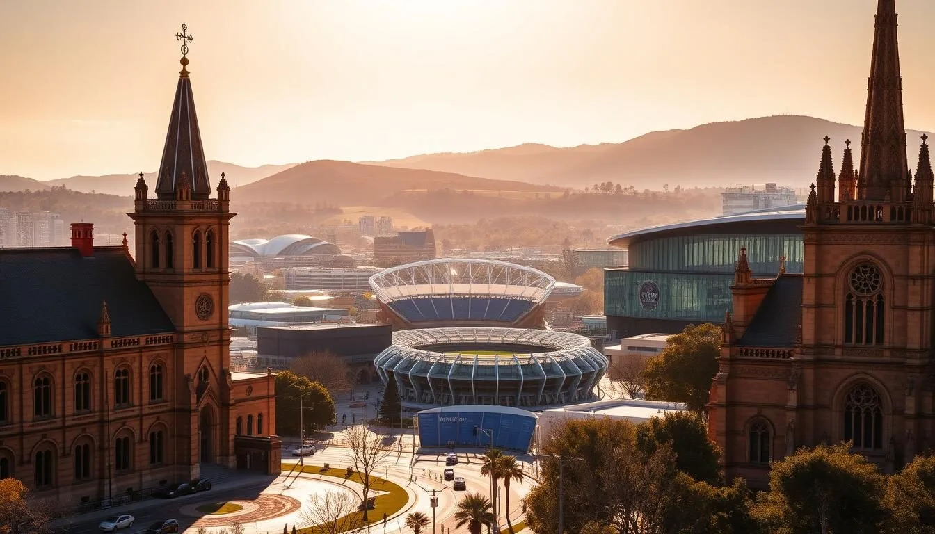 A panoramic view of Adelaide's iconic landmarks bathed in golden afternoon sunlight. In the foreground, the grand sandstone architecture of the Adelaide Town Hall and St Peter's Cathedral stand tall, their intricate facades casting long shadows. In the middle ground, the Adelaide Oval's distinctive cricket stadium and the Adelaide Convention Centre's modern glass facade contrast with the city's heritage buildings. In the background, the lush, rolling Adelaide Hills rise up, providing a scenic backdrop to the bustling city center. The scene exudes an atmosphere of history, culture, and vibrant urban energy.