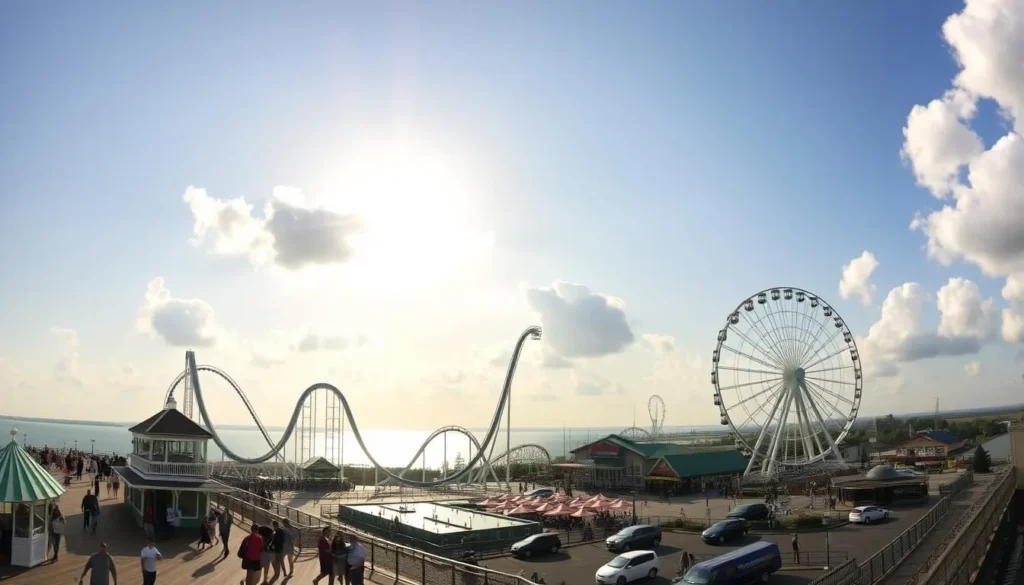 A panoramic view of Cedar Point Amusement Park, a classic American theme park overlooking the sparkling waters of Lake Erie. In the foreground, visitors stroll along the boardwalk, taking in the sights and sounds of the iconic roller coasters. The midground features the soaring Millennium Force, its sleek track twisting through the sky, while the classic Ferris wheel stands tall in the background. Bright sunlight filters through fluffy white clouds, casting a warm, inviting glow over the vibrant, family-friendly scene. The image captures the thrilling, yet serene atmosphere of this beloved destination, perfect for a day of adventure and entertainment near the charming town of Marblehead.