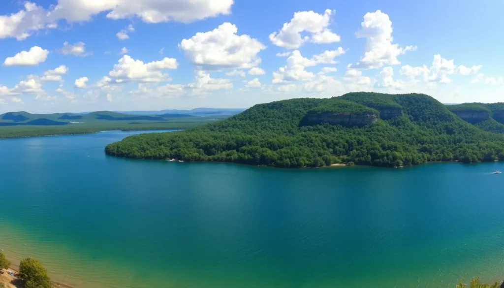 A panoramic view of Eufaula Lake, the largest lake in Oklahoma, nestled amidst lush green forests and rolling hills. The crystal-clear waters reflect the azure sky, dotted with fluffy white clouds. In the foreground, a pristine shoreline invites visitors to dip their toes, while in the distance, majestic cliffs rise up, creating a dramatic natural backdrop. The scene is bathed in warm, golden sunlight, casting a serene and inviting atmosphere. The camera captures this idyllic landscape from a slightly elevated perspective, showcasing the sheer scale and beauty of this stunning Oklahoma paradise.
