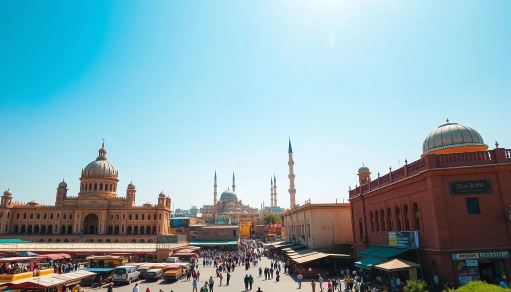 A panoramic view of Kano's historic landmarks on a bright, sunny day. In the foreground, the grand Emir's Palace stands tall, its intricate façade and ornate domes gleaming in the warm light. Behind it, the iconic Gidan Rumfa, a 15th-century royal residence, rises majestically. In the middle ground, the bustling Kurmi Market is visible, its vibrant stalls and colorful awnings creating a lively atmosphere. In the distance, the towering minarets of the Kano Central Mosque pierce the clear blue sky, a testament to the city's rich Islamic heritage. The scene is captured with a wide-angle lens, providing a sweeping panoramic view that showcases Kano's remarkable architectural and cultural diversity.