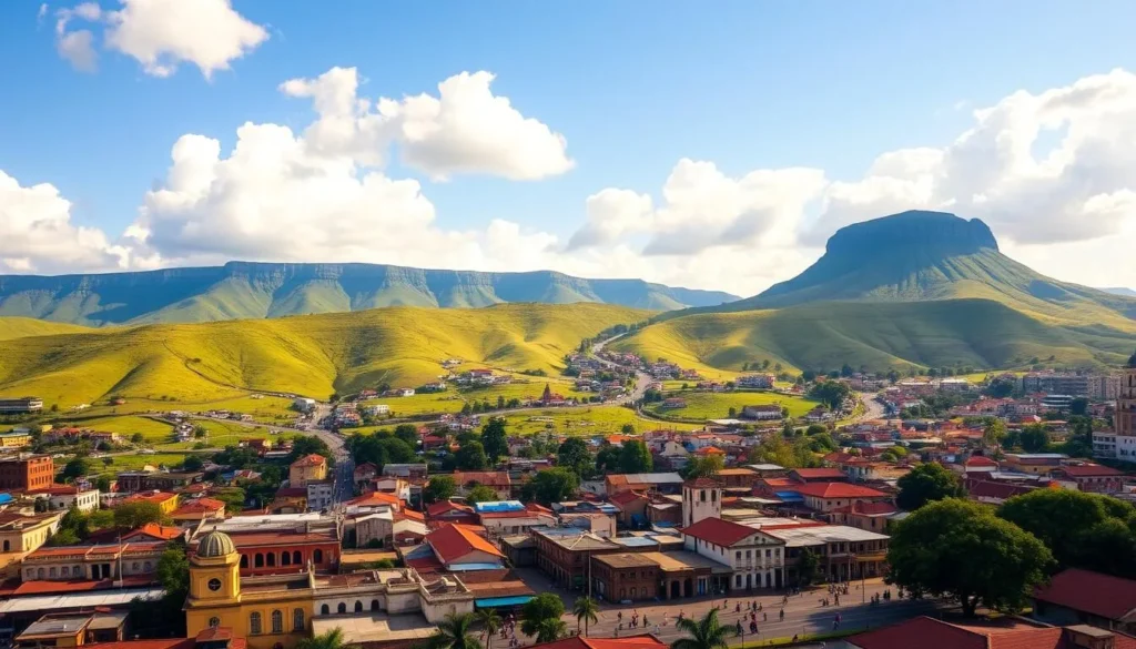 A panoramic view of Lubango, Angola's hidden gem, with the picturesque Tundavala escarpment as the backdrop. In the foreground, a bustling city center with colonial-style buildings, vibrant markets, and locals going about their daily lives. Mid-ground features lush green hills dotted with colorful homes and winding streets. The sky is a brilliant blue, with fluffy white clouds casting soft shadows across the scene. Warm, golden sunlight bathes the entire landscape, creating a serene and inviting atmosphere. Capture the essence of Lubango's unique charm and natural beauty through this stunning cityscape.