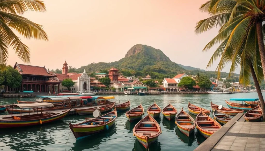 A panoramic view of Songkhla, Thailand's hidden southern gem. In the foreground, a bustling pier lined with traditional wooden boats, their bright colors reflecting in the calm waters. In the middle ground, the historic Old Town with its striking architecture, a mix of Thai, Chinese, and Malay influences. Towering in the background, the majestic Khao Tang Kuan Hill, its lush green slopes bathed in warm, golden sunlight. A gentle breeze rustles the palm trees, creating a serene, tropical atmosphere. The scene captures the essence of Songkhla's unique blend of culture, history, and natural beauty.