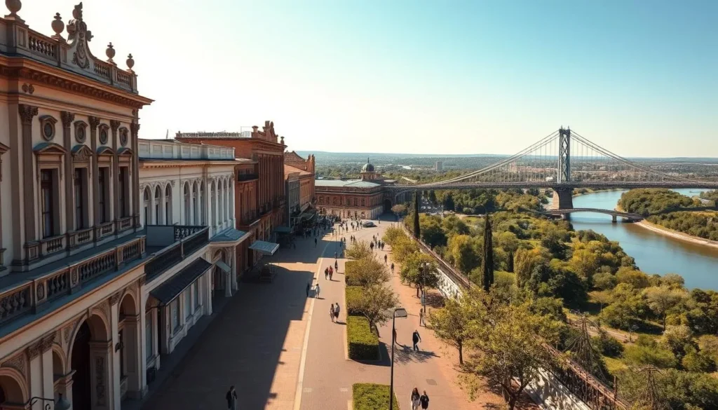 A panoramic view of Vereeniging's historic town center on a sunny day. The foreground features the stately colonial-era buildings lining the main street, with their ornate facades and intricate architectural details. In the middle ground, pedestrians stroll along the bustling sidewalks, capturing the vibrant local life. The background showcases the majestic Vaal River winding through the verdant landscapes, with the iconic suspension bridge spanning the waters. The warm natural lighting casts a golden glow over the scene, evoking a sense of timeless elegance and rich heritage. Crisp, high-resolution photography with a wide-angle lens captures the grand scale and timeless allure of Vereeniging's historic heart.