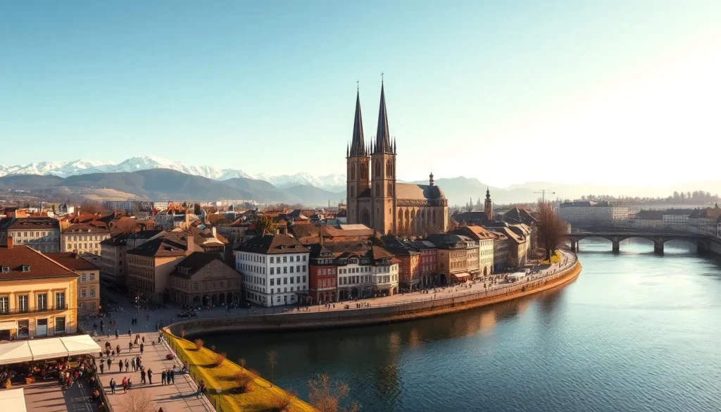 A panoramic view of Zurich's picturesque old town, with the Limmat River winding through its center on a clear, sunny day. In the foreground, people stroll along the riverbanks, enjoying the lively atmosphere and the architectural beauty of the historic buildings. The middle ground features the iconic Grossmünster church, its twin towers rising majestically against a backdrop of snow-capped Alps. The scene is bathed in warm, golden light, capturing the inviting ambiance of the city during its most pleasant weather months. The overall composition evokes a sense of tranquility and the perfect time to explore Zurich's charming streets and attractions.
