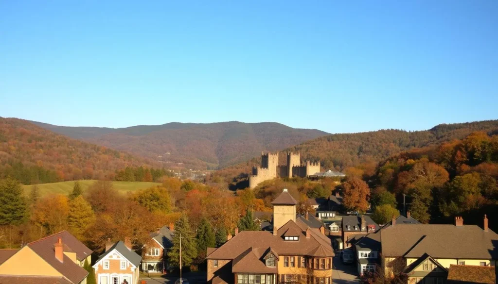 A panoramic view of rolling hills, lush forests, and picturesque small towns in Pennsylvania. In the foreground, a quaint historic village with cobblestone streets, charming Victorian-era homes, and a bustling town square. In the middle ground, a majestic stone castle or manor house, its towers and turrets rising above the treetops. In the background, a range of rugged, tree-covered mountains, with a clear blue sky overhead. The scene is illuminated by warm, golden sunlight, casting a serene, timeless atmosphere. The overall composition conveys the rich heritage, natural beauty, and enduring history of the Keystone State.